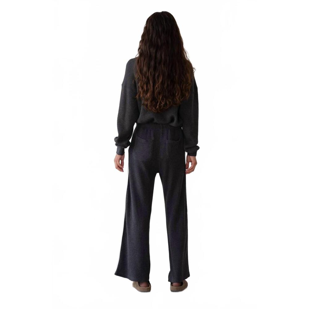DONNI. Black Straight-Leg Knit Pants with White Side Stripes - Picture 3 of 4